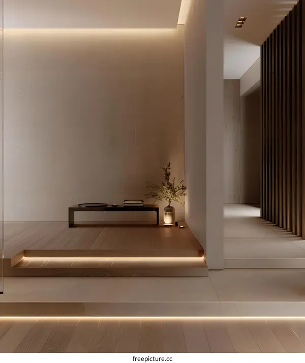 Minimalist Japanese Style Interior Design with Wooden Floor and Subtle Lighting