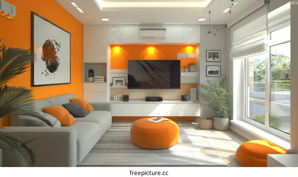 A modern living room with orange walls and a gray sofa