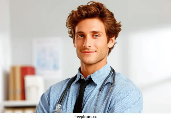 Young confident male doctor in blue shirt with stethoscope
