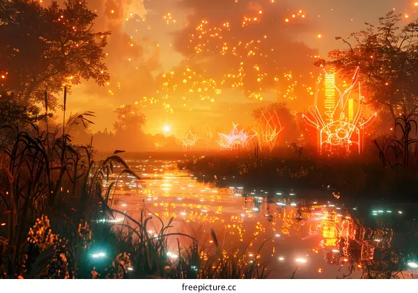 Fantasy landscape with glowing plants and flying lanterns