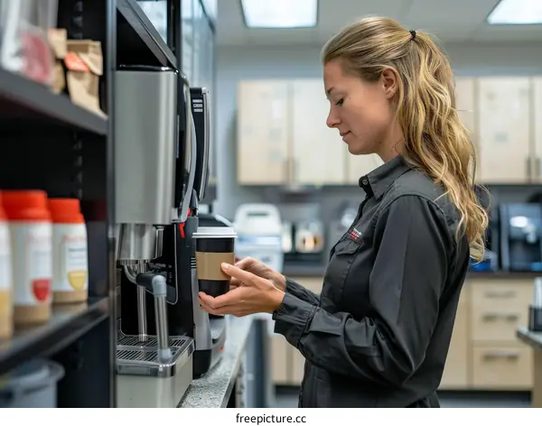 Blond woman making coffee with an espresso machine