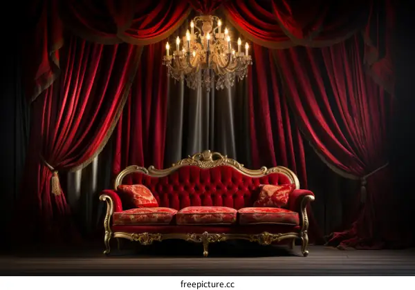ornate red velvet chaise lounge with crystal chandelier