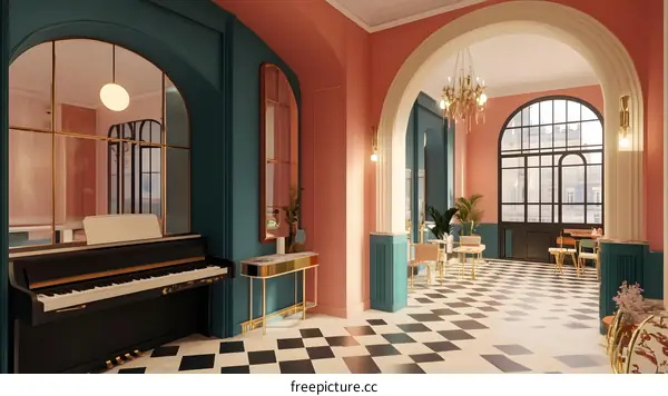 Elegant Piano in a Pink and Teal Interior