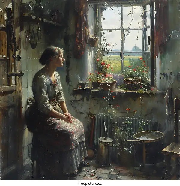 A Woman Sitting By The Window Looking Out At The Field