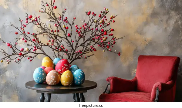 Easter Decorated Eggs on a Wooden Table