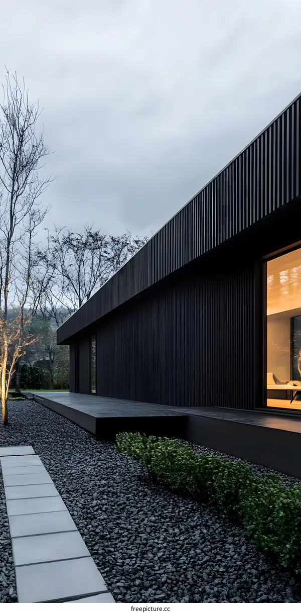Modern Black House with Gravel Path and Greenery