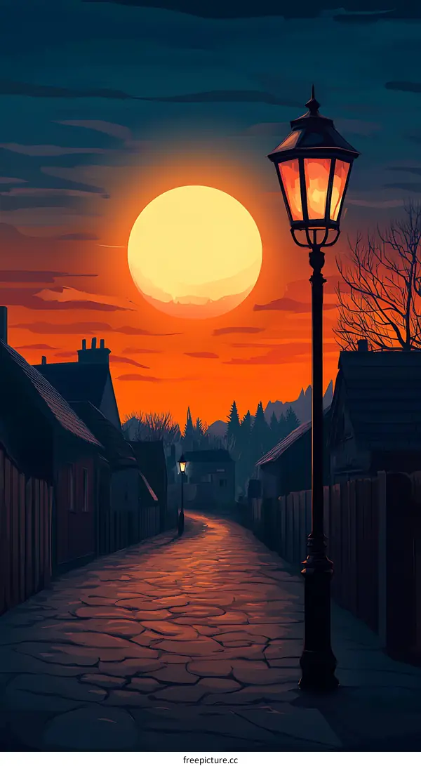 Nighttime Street Scene with Cobblestone and Street Lamp