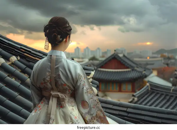 A woman wearing a hanbok is looking at the Gyeongbokgung Palace in Seoul, South Korea.
