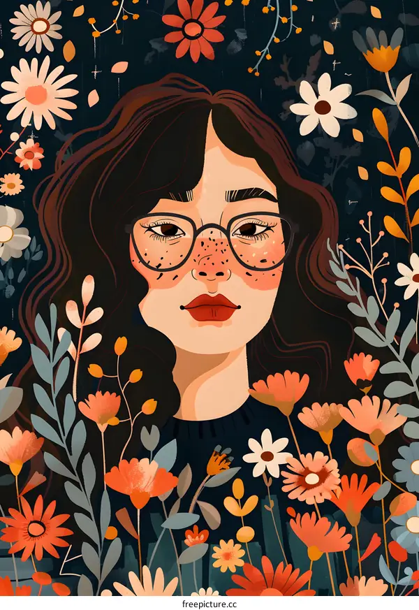 Woman with Glasses Surrounded by Flowers