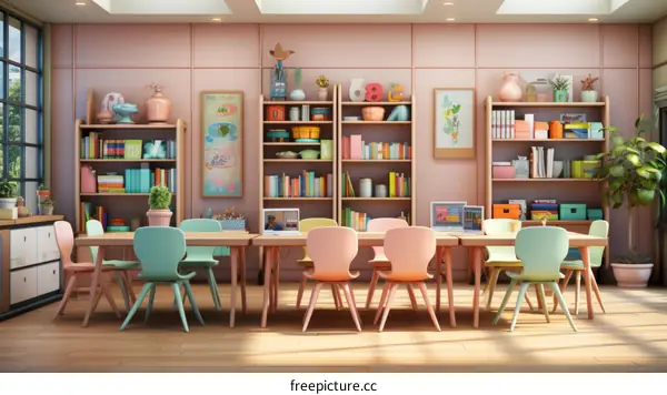 A classroom with colorful chairs and desks