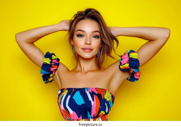 Young Woman in Colorful Fashionable Summer Dress