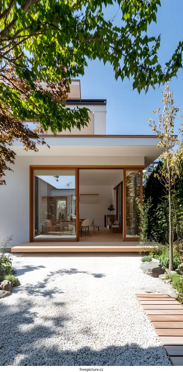 Modern Minimalist Home Exterior With Wooden Deck And Gravel Garden