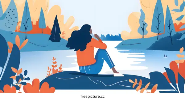 Woman Sitting by a Lake in the Woods