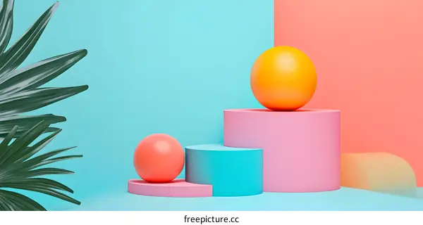 Abstract Minimalist Orange and Pink 3D Shapes with Tropical Leaf