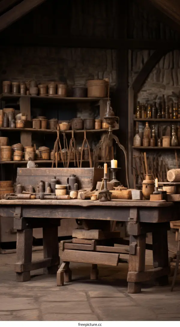 Dark Room Interior with Wooden Table and Shelves