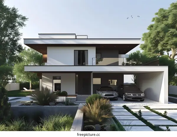 Modern House with Garage and Lush Greenery