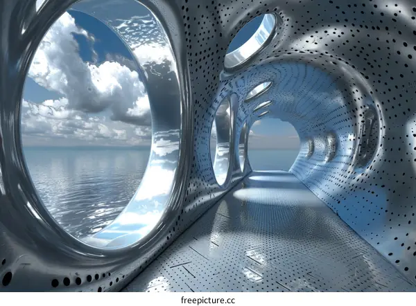 Futuristic Tunnel over Ocean with Portholes