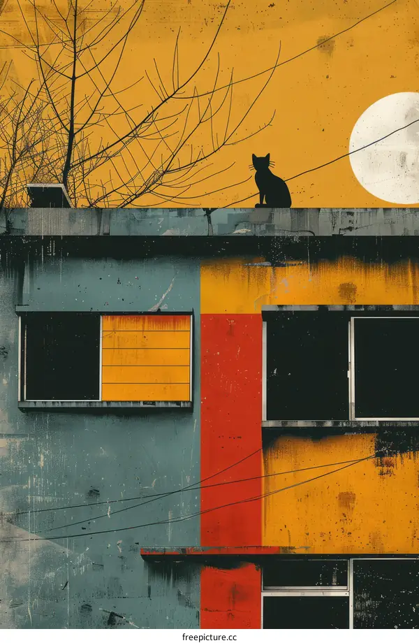 A black cat overlooks the cityscape from a building roof at night