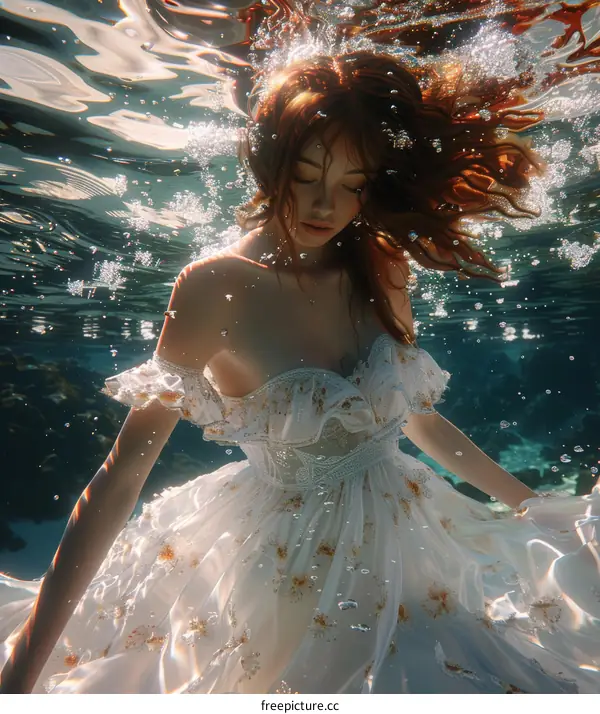 An ethereal photo of a woman wearing a white dress and floating underwater