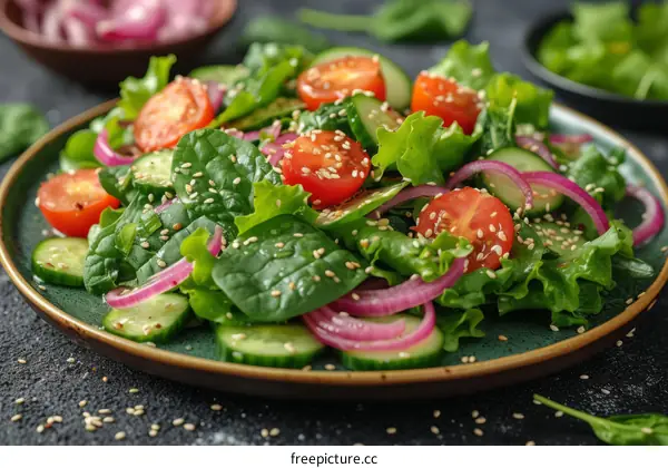 Fresh salad with cucumber, tomato, red onion and spinach leaves