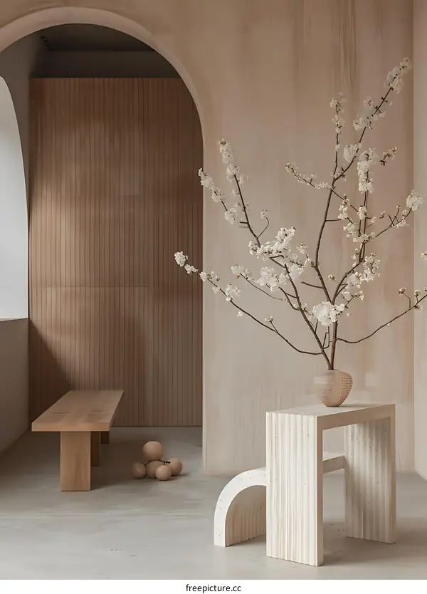 Minimalist Interior Design with Wooden Bench and Flower Arrangement