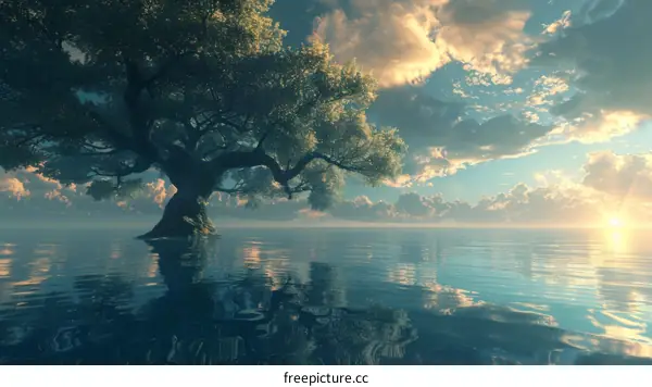 Solitary Tree Rising from the Ocean