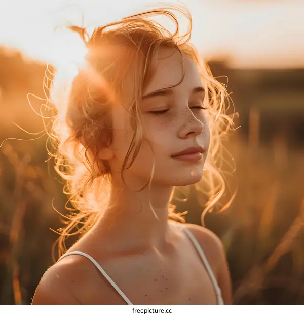 Portrait of a Young Girl with Freckles in the Golden Sunset Light