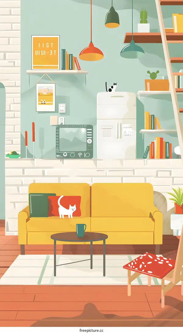 Cozy Living Room Illustration with Yellow Sofa and White Cat