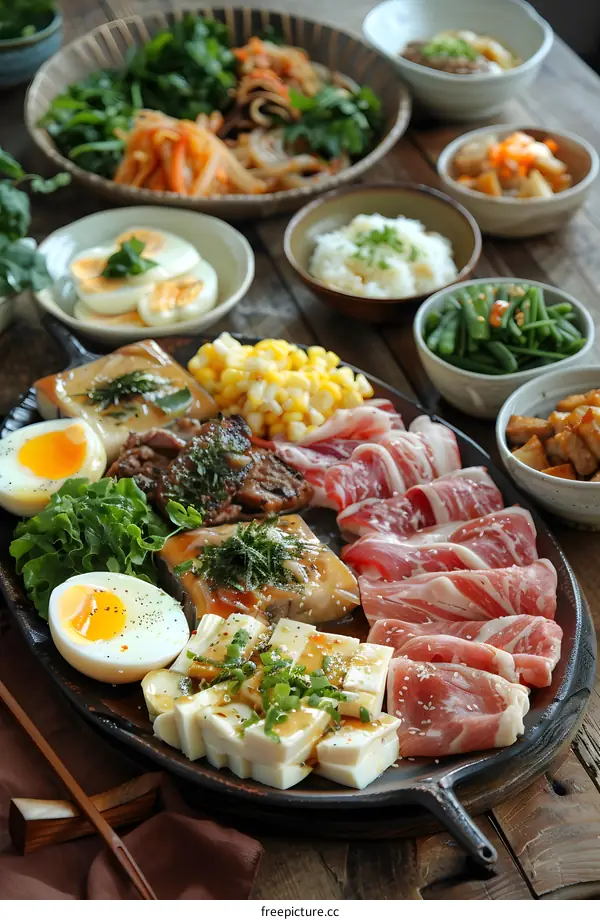 Japanese Food Platter with Tofu, Meat, and Vegetables