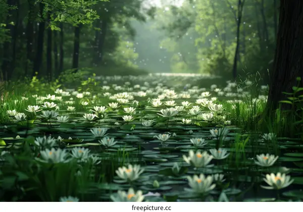 Tranquil Forest Pond with Blooming Water Lilies