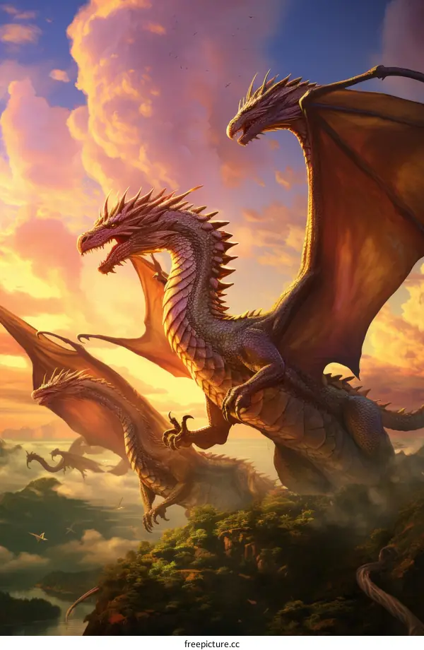 Three dragons flying over a mountain range