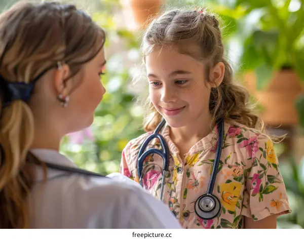 Little girl playing doctor with a real stethoscope around her neck