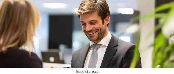 Businessman in Suit Smiling and Looking at Phone