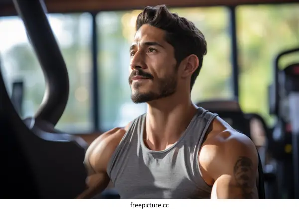 Hispanic man working out on exercise bike at the gym