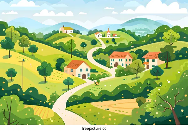 Beautiful Spring Landscape with Lush Green Hills and Winding Road