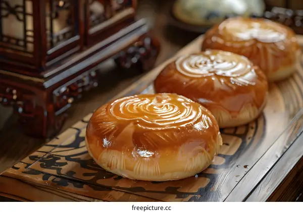 Traditional Chinese Moon Cakes on Wooden Tray
