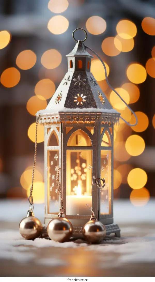 lantern with burning candle and hanging golden balls