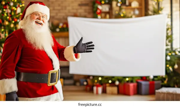 Santa Claus in a red suit and white beard is standing in a room decorated with a Christmas tree and presents, and there is a blank screen behind him.