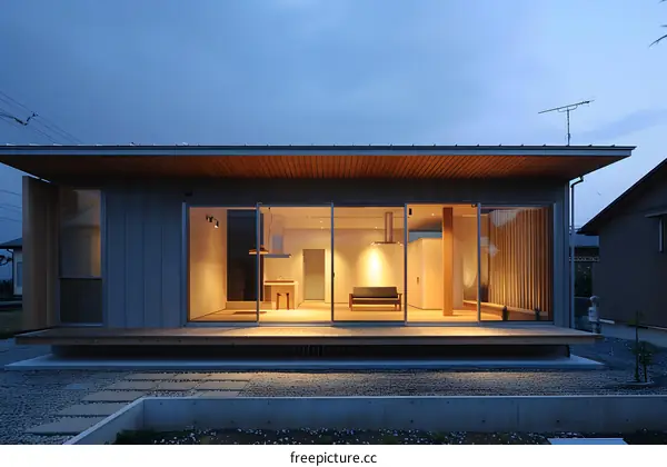 Modern Japanese House with Large Windows and Wooden Deck