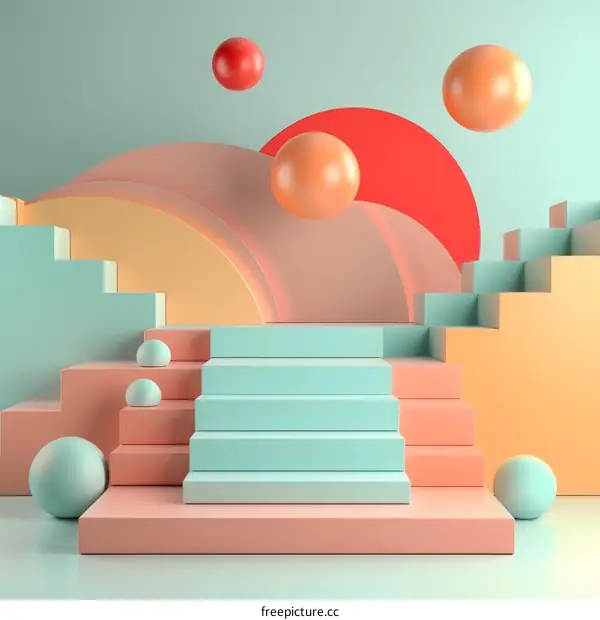 Pastel 3D Podium with Floating Geometric Shapes
