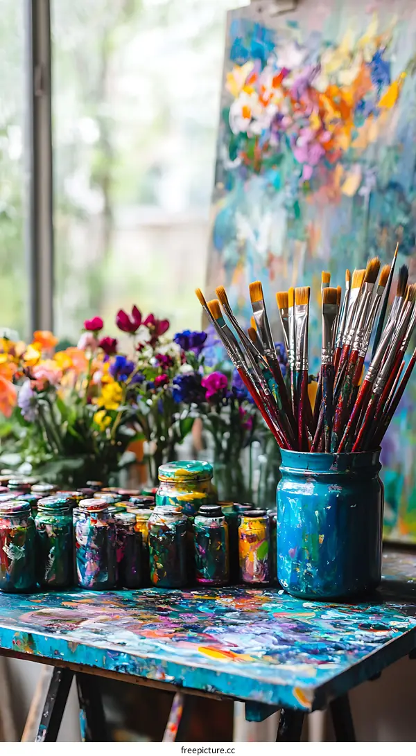Paint Brushes and Jars of Paint on a Table