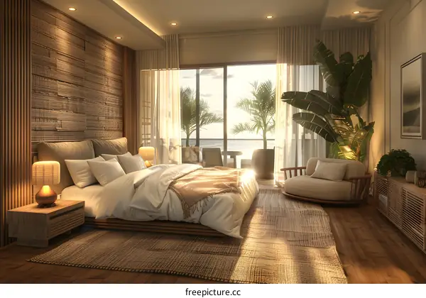 hotel room with a large bed and a view of the ocean