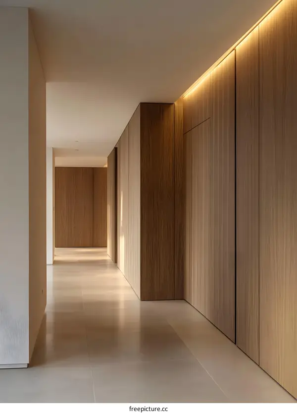 Modern Minimalist Interior Design Hallway With Wooden Walls And Ceiling Lights