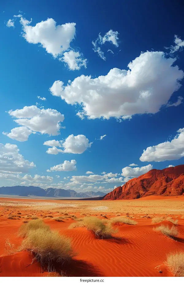 Red Sand Desert Landscape with Blue Sky and Clouds