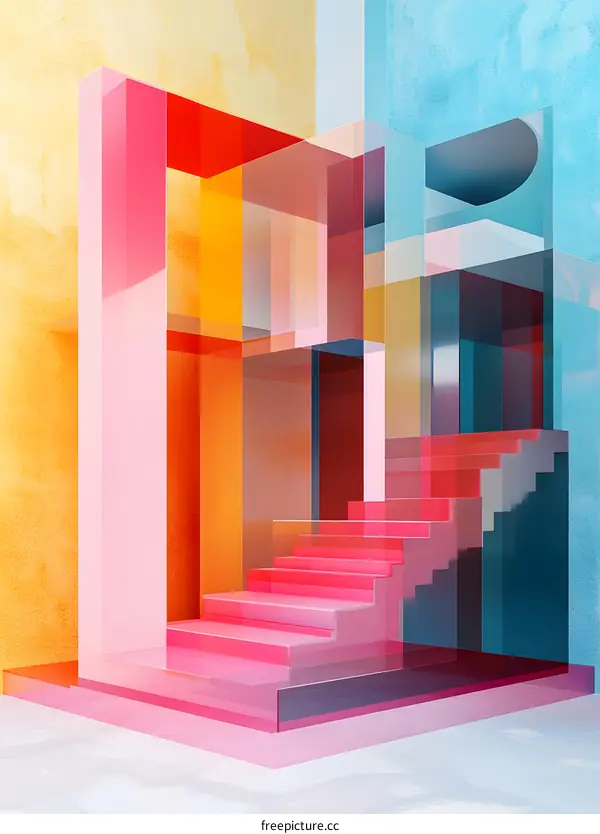 Abstract Geometric Staircase with Colorful Glass Panels and Walls