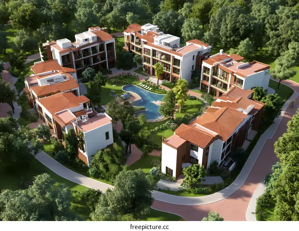 Aerial View of a Luxurious Apartment Complex with a Swimming Pool