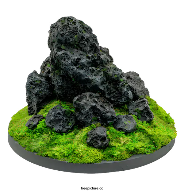 [Transparent Background PNG]Black Rocks and Green Moss on a Circular Base