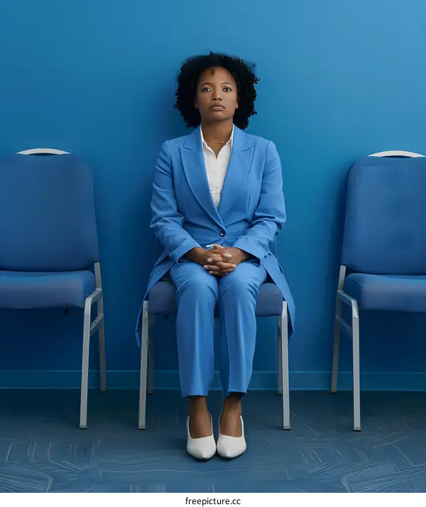 Woman Sitting In Waiting Area Wearing Blue Suit