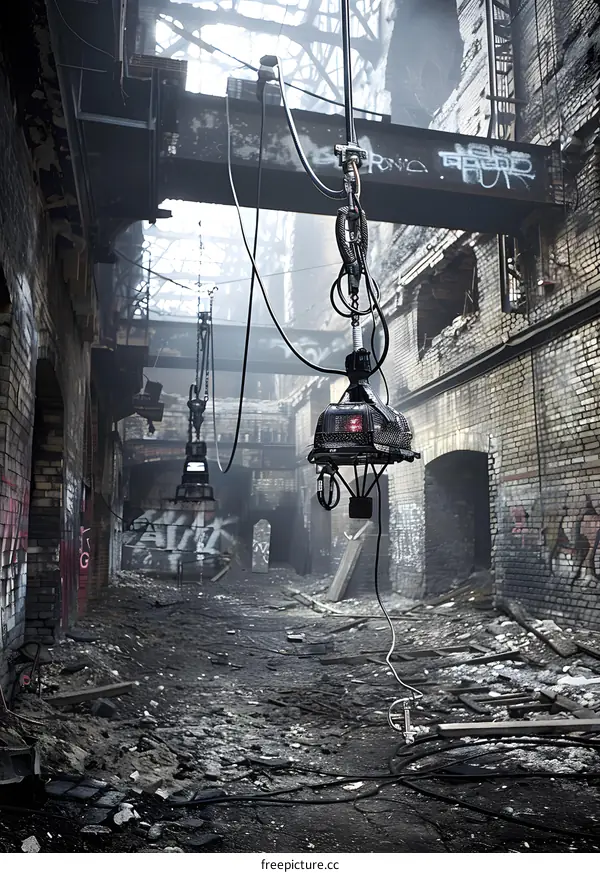 Abandoned Industrial Building Interior with Hanging Lights