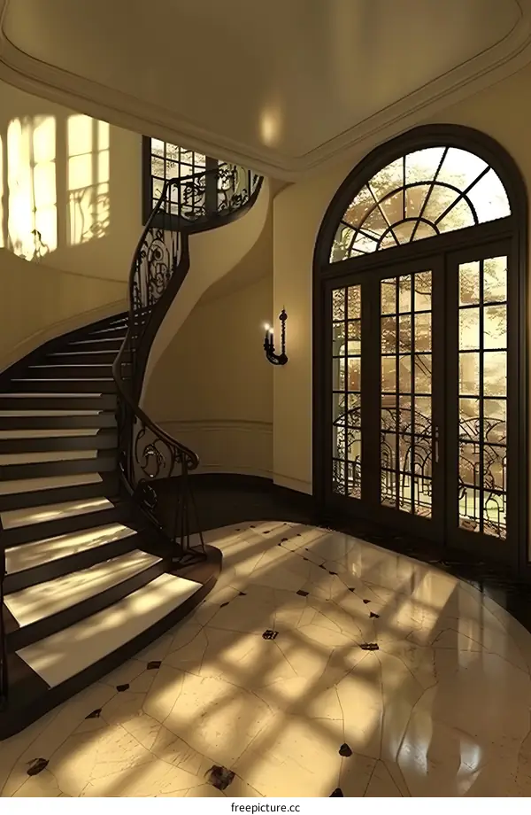 Elegant Staircase and Archway in a Grand Foyer